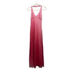 Vintage Y2K Ombré Pink Red Sparkle Mesh Halter Gown Maxi Dress Prom M